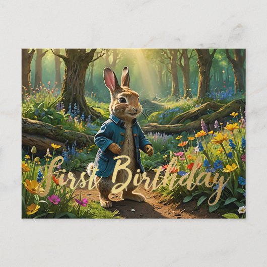 Carte Postale Premier anniversaire de Pierre le lapin en forêt (Devant)