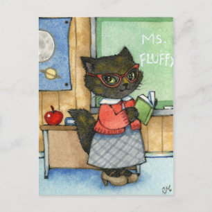 Carte Postale Premier jour de l'école - Mignonne enseignant Cat 
