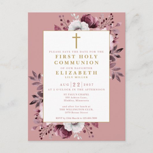 Carte Postale Première Communion Florale Rose Sauver La Date (Devant)