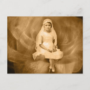 Carte Postale Première Communion vintage fille, Robe, Voile, Ros