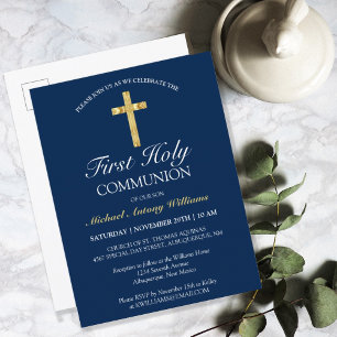 Carte Postale Première Sainte Communion Croix d'or Invitation bl