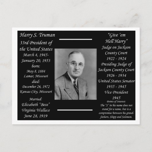Carte Postale Président Harry Truman (Devant)
