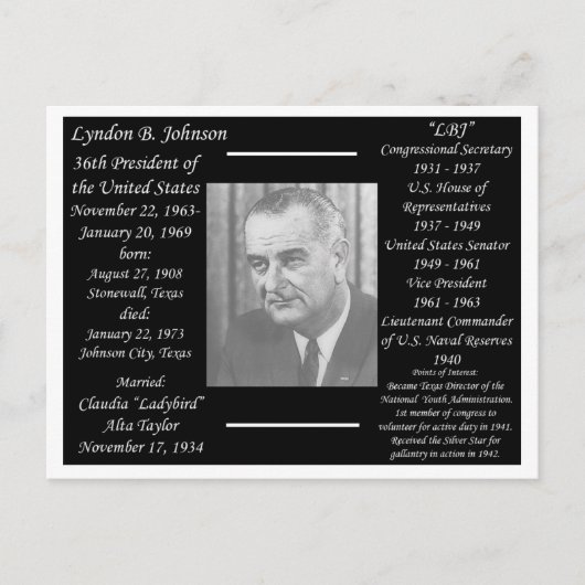 Carte Postale Président Lyndon Johnson (Devant)
