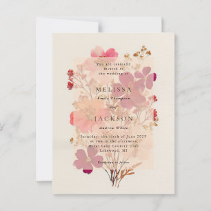 Carte Postale Pressé rose rouge et crème, Mariage floral Invitat
