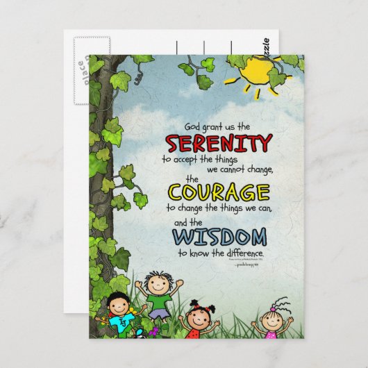 Carte Postale Prière de sérénité : Enfants heureux, Force/Relanc (Devant / Derrière)