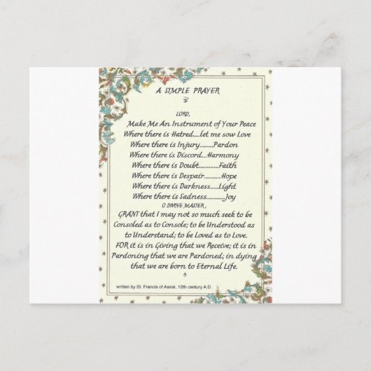 Carte Postale prière simple=st. francis=pape francis=florentine (Devant)