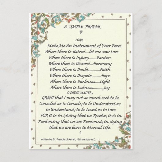 Carte Postale prière simple=st. francis=pape francis=florentine (Devant)