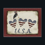 Carte postale Prim Patriotic<br><div class="desc">Carte postale patriotique avec trois coeurs,  corneille noire avec lettrage américain. Idéal pour les invitations à la fête. Mélangez et appariez avec d'autres cartes postales patriotiques disponibles dans la galerie pour un pack varié.</div>