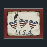 Carte postale Prim Patriotic<br><div class="desc">Carte postale patriotique avec trois coeurs,  corneille noire avec lettrage américain. Idéal pour les invitations à la fête. Mélangez et appariez avec d'autres cartes postales patriotiques disponibles dans la galerie pour un pack varié.</div>