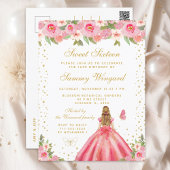 Carte Postale Princesse aux cheveux blonds et fleurs roses pour