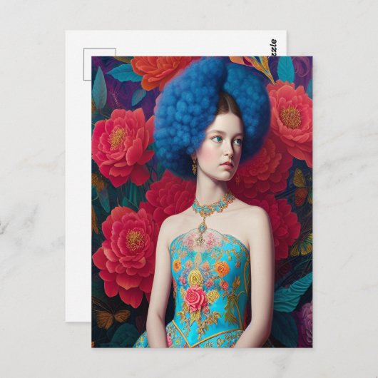 Carte Postale Princesse avec robe décorative bleue (Devant / Derrière)