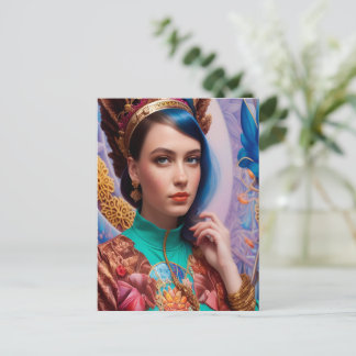 Carte Postale Princesse avec tenue turquoise décorative