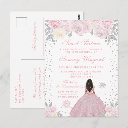 Carte Postale Princesse peau foncée Sweet Seize hiver rose (Devant / Derrière)