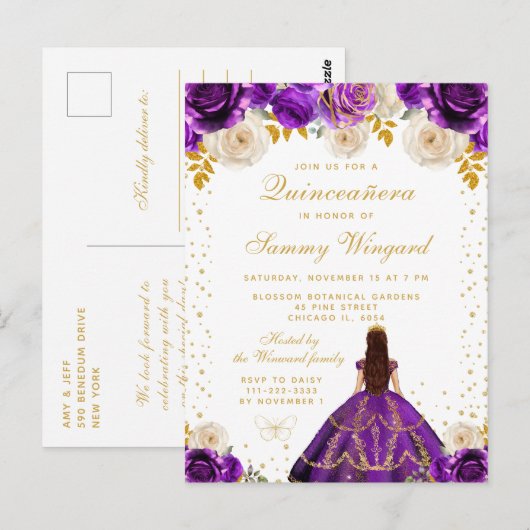 Carte Postale Princesse Quinceañera Florale Violette (Devant / Derrière)