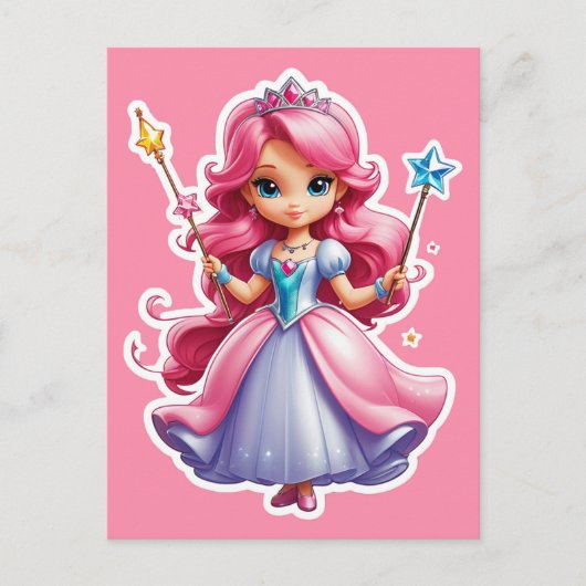Carte Postale Princesse Rose Avec Baguette Magique Et Tiara (Devant)