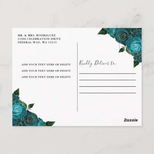 Carte Postale Princesse sarcelle florale Or Quinceañera Annivers (Dos)