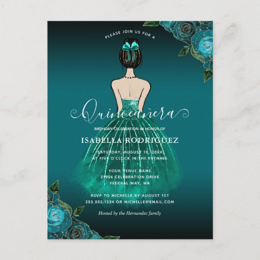 Carte Postale Princesse sarcelle florale Or Quinceañera Annivers (Devant)