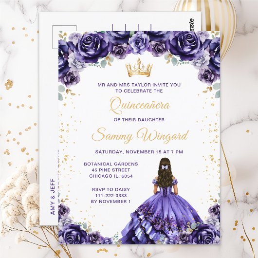 Carte Postale Princesse violette foncée Floral Quinceañera