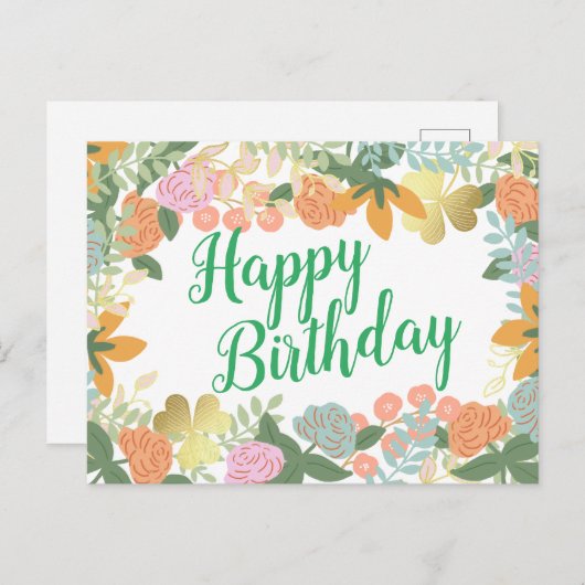 Carte Postale Printemps Rose Bloom Clover Joyeux anniversaire (Devant / Derrière)