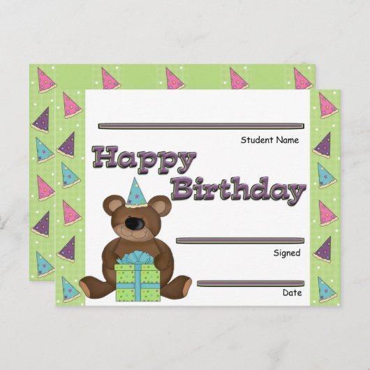 Carte Postale Prix de reconnaissance d'anniversaire des élèves (Devant / Derrière)