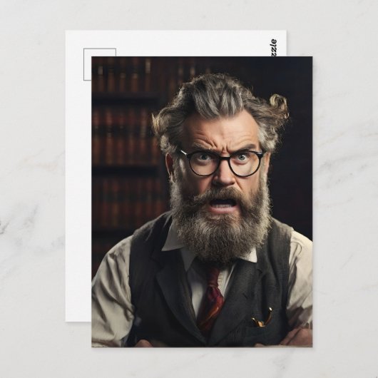 Carte Postale Professeur fou fou avec barbe (Devant / Derrière)