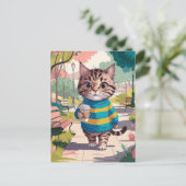 Carte Postale Promenade en chats dans le parc avec café (Debout devant)
