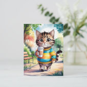 Carte Postale Promenade en chats dans le parc avec café (Debout devant)