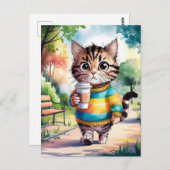 Carte Postale Promenade en chats dans le parc avec café (Devant / Derrière)