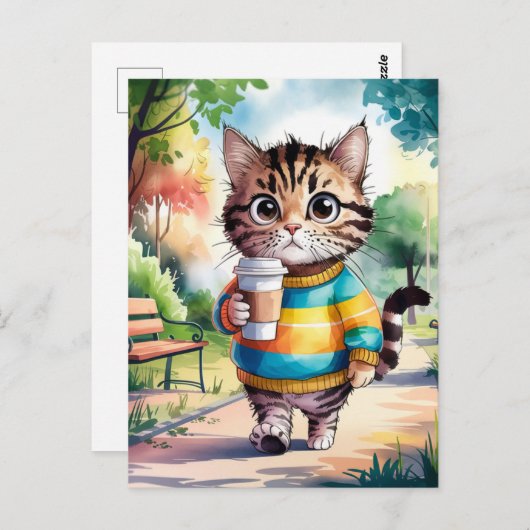 Carte Postale Promenade en chats dans le parc avec café (Devant / Derrière)