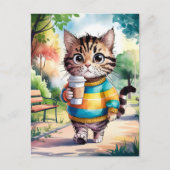 Carte Postale Promenade en chats dans le parc avec café (Devant)