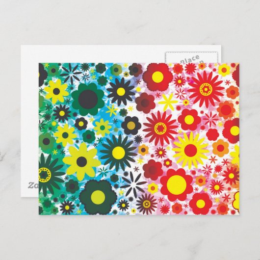 Carte Postale Psychédélique 60s Rouge Vert Fleurs Motif (Devant / Derrière)