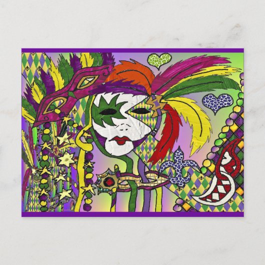 Carte Postale Psychédélique Mardi Gras Plumes Masques Cadeaux Vê (Devant)