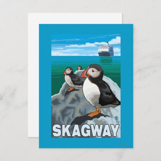 Carte Postale Puffins et bateau de croisière - Skagway, Alaska (Devant / Derrière)