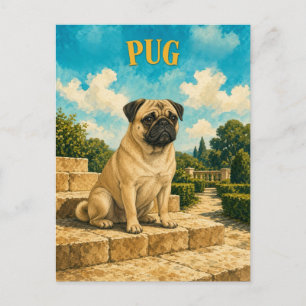 Carte Postale Pug, Art Chien à l'aquarelle Vintage