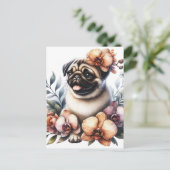 Carte Postale Pug avec branche d'orchidée, Postcrossing (Debout devant)