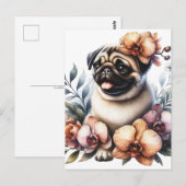 Carte Postale Pug avec branche d'orchidée, Postcrossing (Devant / Derrière)