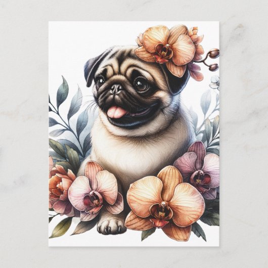 Carte Postale Pug avec branche d'orchidée, Postcrossing (Devant)
