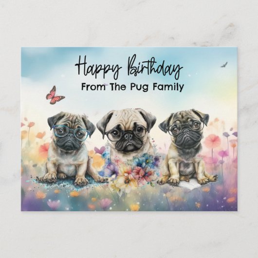 Carte Postale Pug dans l'aquarelle d'anniversaire des fleurs sau (Devant)