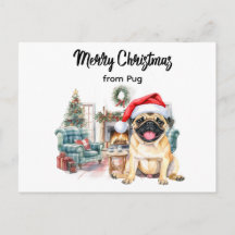 Pug Merry Christmas watercolor Postcard