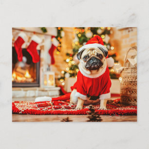 Carte Postale Pug Père Noël avec sapin de Noël