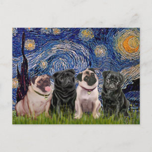 Carte Postale Pugs (Quatre,2M,2F) - Nuit étoilée