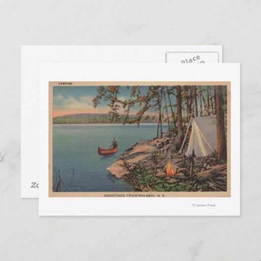 Carte Postale Pulaski, NY Vue du canot, Camping, Tente, Lac (Devant / Derrière)