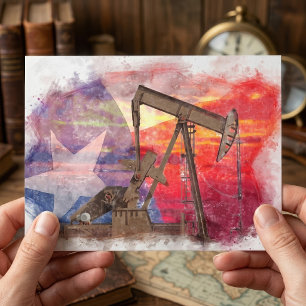 Carte Postale Pumpjack Texan icône dessin pastel avec Texas Flag