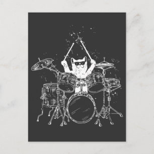 Carte Postale Punk Rockstar Kitten Kitty Chat Drummer Jouer