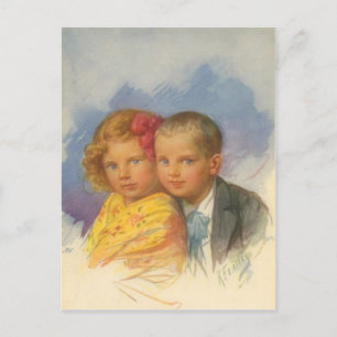 Carte Postale Puppy Love, Vintage Enfant, Portrait Garçon & Fill
