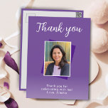 Carte Postale Purple 50e anniversaire Merci photo<br><div class="desc">Carte postale Merci photo 50e anniversaire violet. L'arrière - plan est violet vif et le texte est en blanc. Personnalisez-le avec votre photo,  votre nom et note de remerciement.</div>