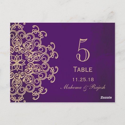 CARTE POSTALE PURPLE AND GOLD INDIAN MARIAGE TABLE NUMÉRO CARD (Dos)