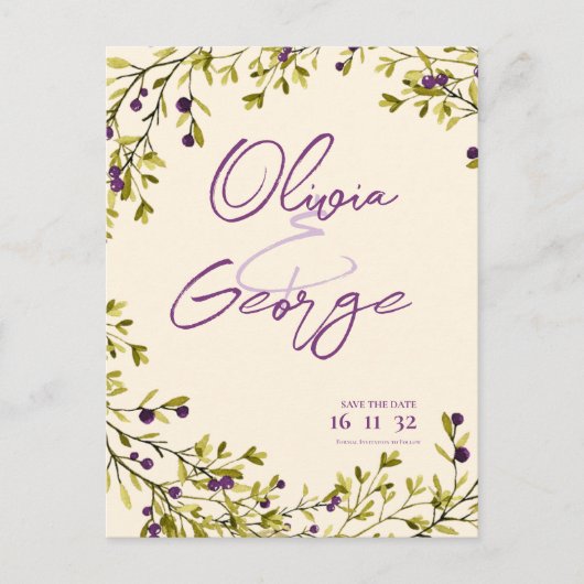Carte Postale Purple Berry Greenery Feuilles mariage Enregistrer (Devant)