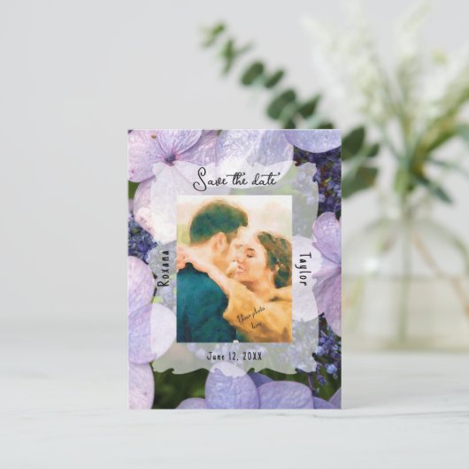 Carte Postale Purple Blue Hydrangea Mariage Photo Enregistrer la (Debout devant)