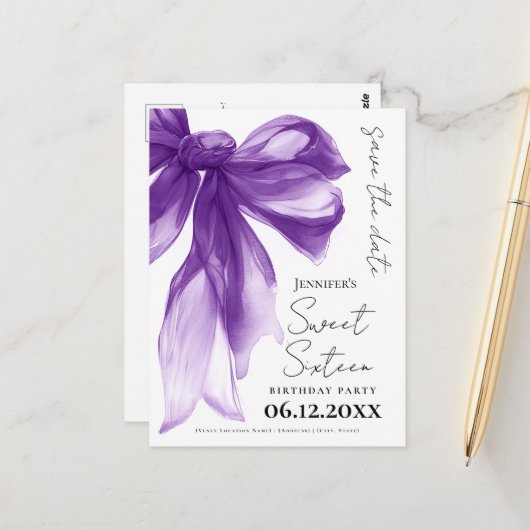Carte Postale Purple Bow Coquette Sweet 16 Save the Date  (Devant/Arrière en situation)